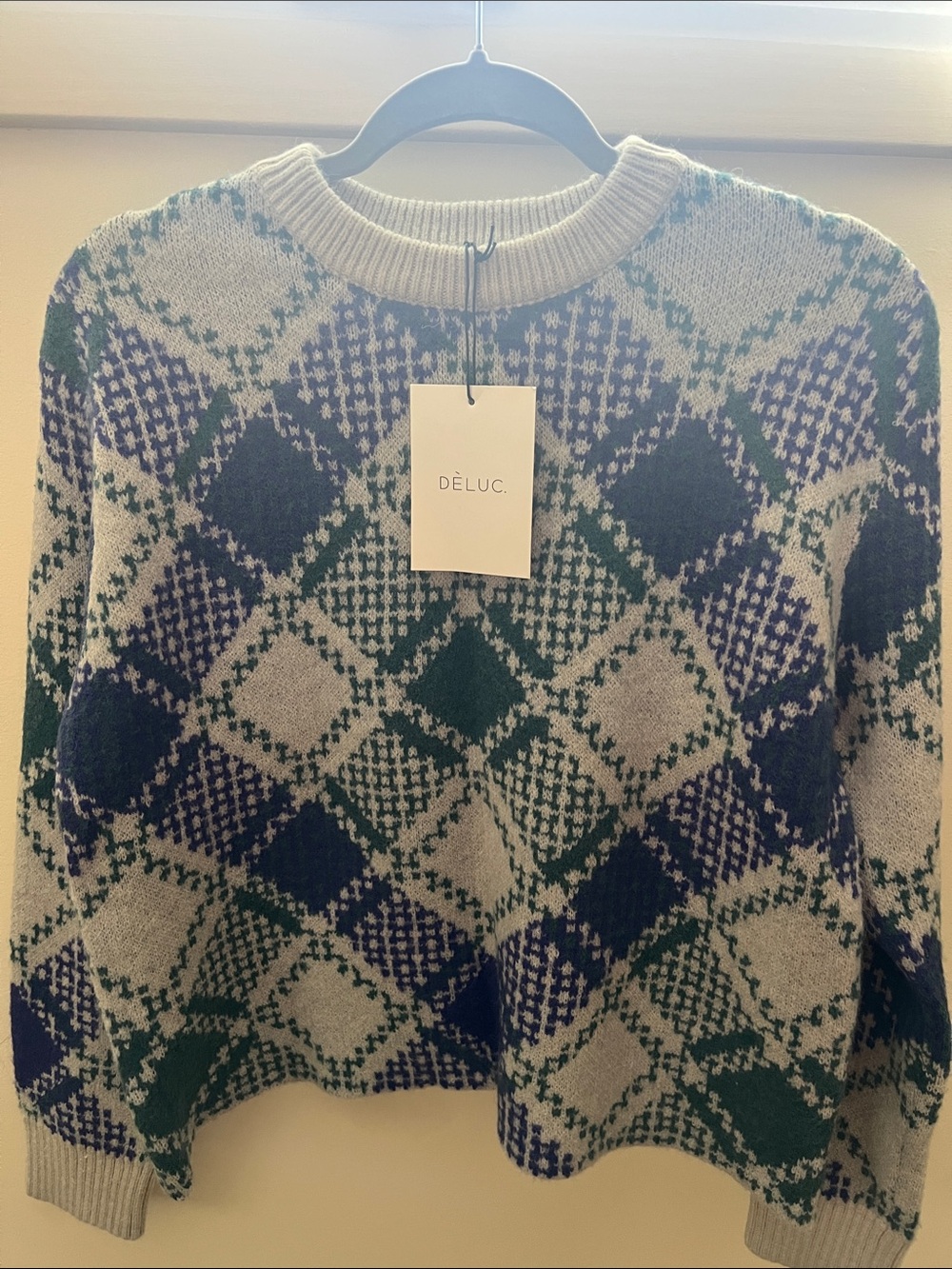 Deluc Argyle Crewneck Sweater in Gray, Navy & Green